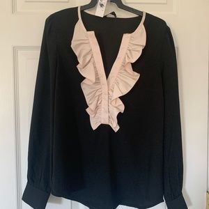 Long-sleeve ruffle-front top in satin crepe NWT XS